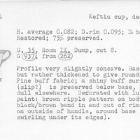 Index card with typed and handwritten information, sometimes including a sketch, of pottery from an excavation.