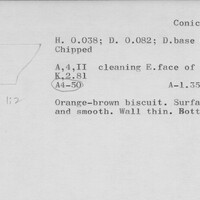 Index card with typed and handwritten information, sometimes including a sketch, of pottery from an excavation.