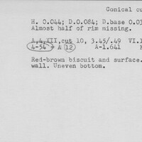 Index card with typed and handwritten information, sometimes including a sketch, of pottery from an excavation.