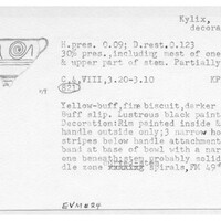 Index card with typed and handwritten information, sometimes including a sketch, of pottery from an excavation.
