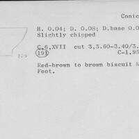 Index card with typed and handwritten information, sometimes including a sketch, of pottery from an excavation.