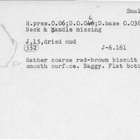 Index card with typed and handwritten information, sometimes including a sketch, of pottery from an excavation.