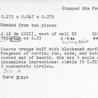 Index card with typed and handwritten information, sometimes including a sketch, of pottery from an excavation.