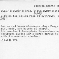 Index card with typed and handwritten information, sometimes including a sketch, of pottery from an excavation.