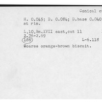 Index card with typed and handwritten information, sometimes including a sketch, of pottery from an excavation.