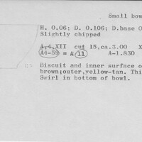 Index card with typed and handwritten information, sometimes including a sketch, of pottery from an excavation.