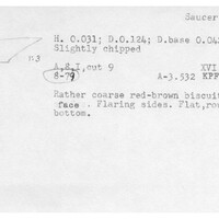 Index card with typed and handwritten information, sometimes including a sketch, of pottery from an excavation.