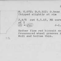 Index card with typed and handwritten information, sometimes including a sketch, of pottery from an excavation.