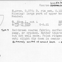 Index card with typed and handwritten information, sometimes including a sketch, of pottery from an excavation.
