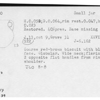 Index card with typed and handwritten information, sometimes including a sketch, of pottery from an excavation.
