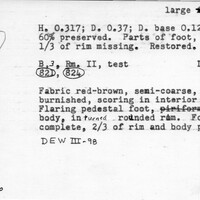 Index card with typed and handwritten information, sometimes including a sketch, of pottery from an excavation.