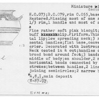 Index card with typed and handwritten information, sometimes including a sketch, of pottery from an excavation.