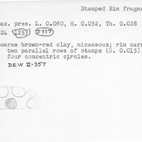 Index card with typed and handwritten information, sometimes including a sketch, of pottery from an excavation.
