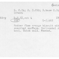 Index card with typed and handwritten information, sometimes including a sketch, of pottery from an excavation.