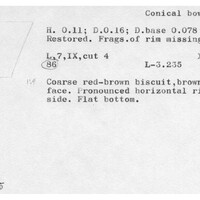 Index card with typed and handwritten information, sometimes including a sketch, of pottery from an excavation.