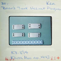 The image shows four small, white objects each with four holes on top of a green surface.