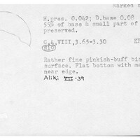 Index card with typed and handwritten information, sometimes including a sketch, of pottery from an excavation.
