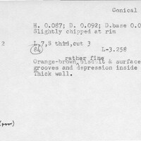 Index card with typed and handwritten information, sometimes including a sketch, of pottery from an excavation.
