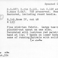 Index card with typed and handwritten information, sometimes including a sketch, of pottery from an excavation.