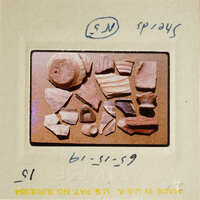 Collection of ancient pottery shards on display.