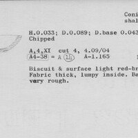 Index card with typed and handwritten information, sometimes including a sketch, of pottery from an excavation.