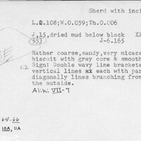 Index card with typed and handwritten information, sometimes including a sketch, of pottery from an excavation.