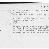 Index card with typed and handwritten information, sometimes including a sketch, of pottery from an excavation.