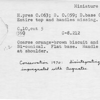 Index card with typed and handwritten information, sometimes including a sketch, of pottery from an excavation.