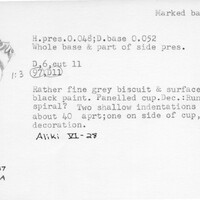 Index card with typed and handwritten information, sometimes including a sketch, of pottery from an excavation.