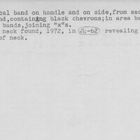 Index card with typed and handwritten information, sometimes including a sketch, of pottery from an excavation.