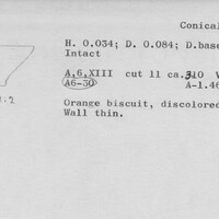 Index card with typed and handwritten information, sometimes including a sketch, of pottery from an excavation.