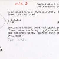 Index card with typed and handwritten information, sometimes including a sketch, of pottery from an excavation.