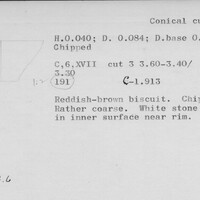 Index card with typed and handwritten information, sometimes including a sketch, of pottery from an excavation.