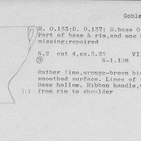 Index card with typed and handwritten information, sometimes including a sketch, of pottery from an excavation.