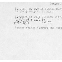 Index card with typed and handwritten information, sometimes including a sketch, of pottery from an excavation.