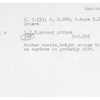 Index card with typed and handwritten information, sometimes including a sketch, of pottery from an excavation.