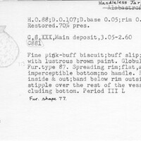 Index card with typed and handwritten information, sometimes including a sketch, of pottery from an excavation.