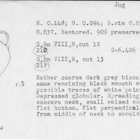 Index card with typed and handwritten information, sometimes including a sketch, of pottery from an excavation.