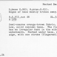 Index card with typed and handwritten information, sometimes including a sketch, of pottery from an excavation.