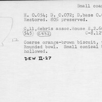 Index card with typed and handwritten information, sometimes including a sketch, of pottery from an excavation.