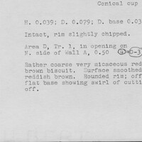 Index card with typed and handwritten information, sometimes including a sketch, of pottery from an excavation.
