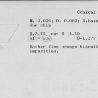 Index card with typed and handwritten information, sometimes including a sketch, of pottery from an excavation.