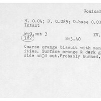 Index card with typed and handwritten information, sometimes including a sketch, of pottery from an excavation.