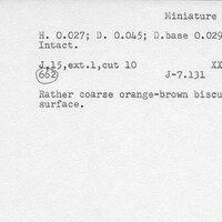 Index card with typed and handwritten information, sometimes including a sketch, of pottery from an excavation.