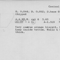 Index card with typed and handwritten information, sometimes including a sketch, of pottery from an excavation.