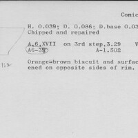 Index card with typed and handwritten information, sometimes including a sketch, of pottery from an excavation.