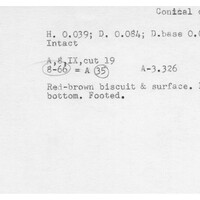 Index card with typed and handwritten information, sometimes including a sketch, of pottery from an excavation.