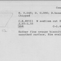 Index card with typed and handwritten information, sometimes including a sketch, of pottery from an excavation.
