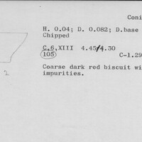 Index card with typed and handwritten information, sometimes including a sketch, of pottery from an excavation.