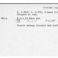 Index card with typed and handwritten information, sometimes including a sketch, of pottery from an excavation.